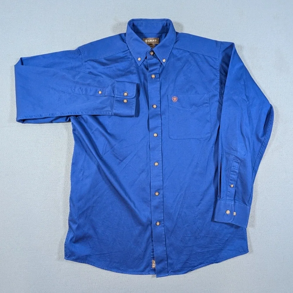 Ariat Button Down Shirt Mens Medium Blue Solid Twill Long Sleeve